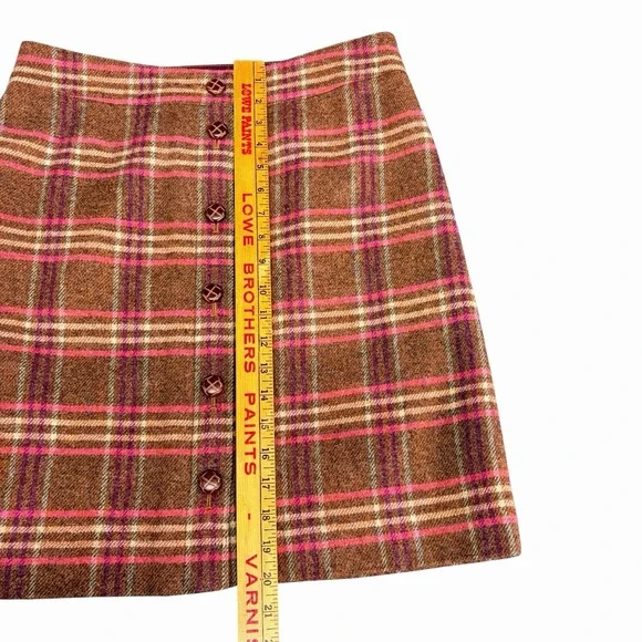 TALBOTS Plaid Button-Front Skirt Womens Sz 8 Brown Pink Wool Blend Western Retro - Picture 6 of 7